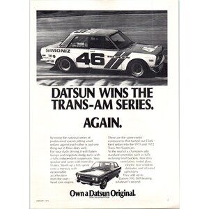 1973 Datsun 510 Coupe Vintage Print Ad Trans-Am Race Series Car 70s Wall Art